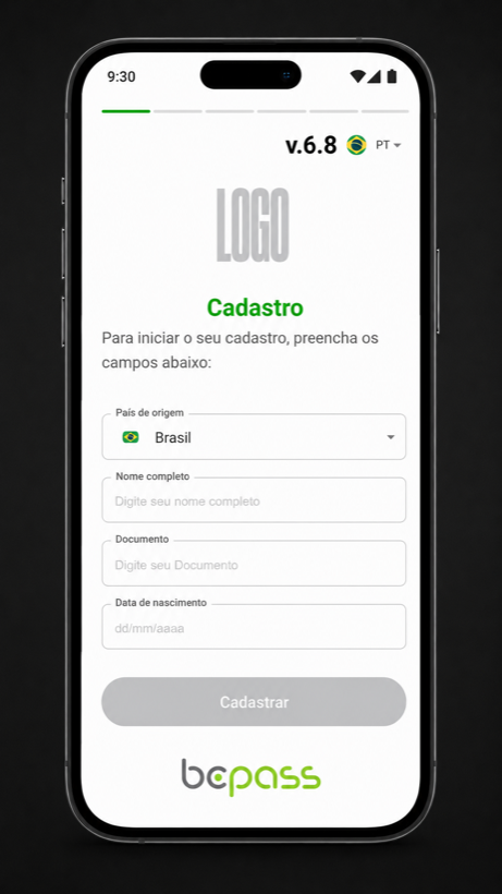 Tela do cadastro inicial com país de origem, nome, documento e data de nascimento