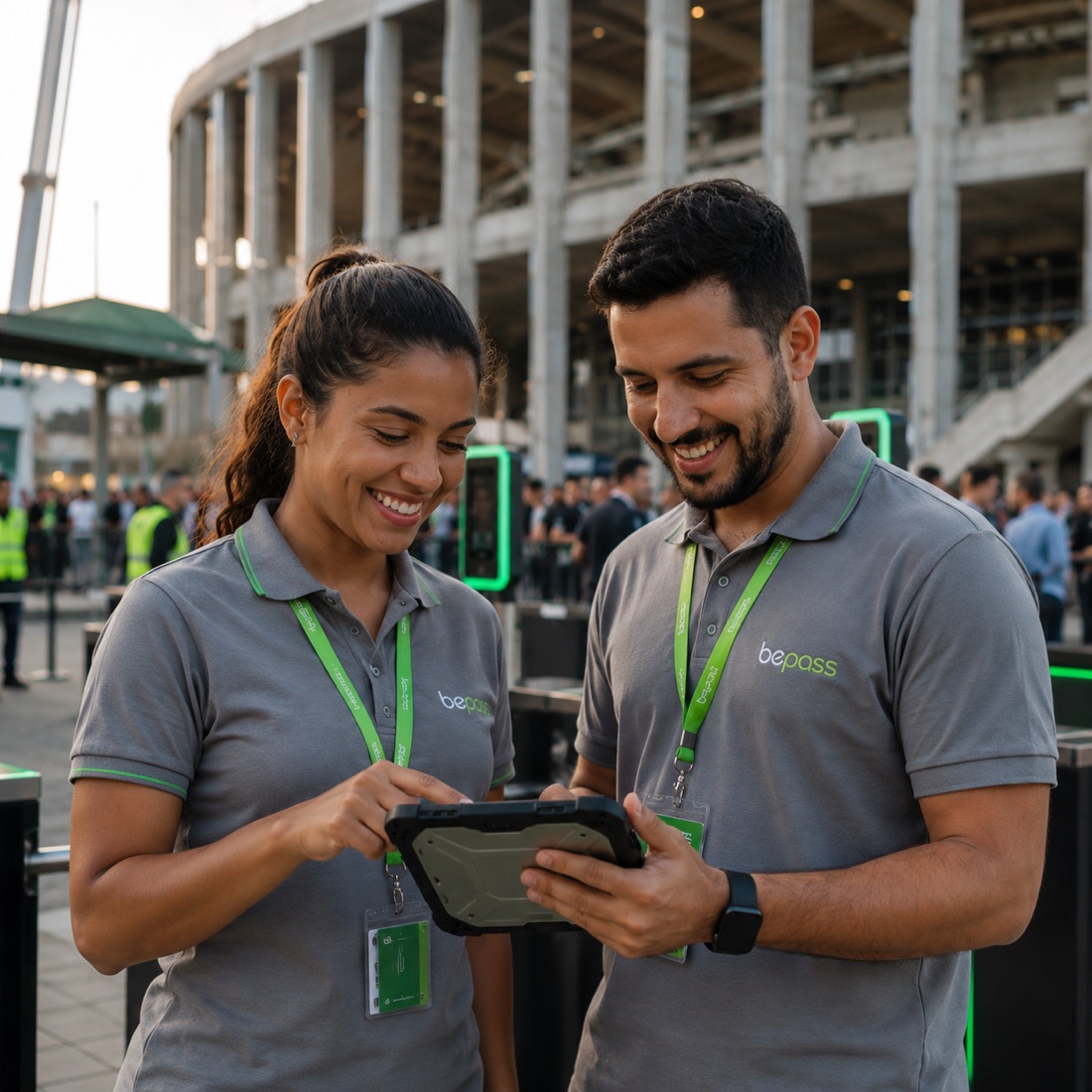 Equipe credenciada Bepass operando com tablet em estádio