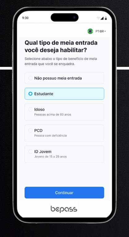 Tela de onboarding Bepass para validação de meia entrada digital